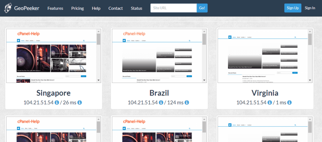 GeoPeeker Tool showing how a website loades at different locations from around the world
