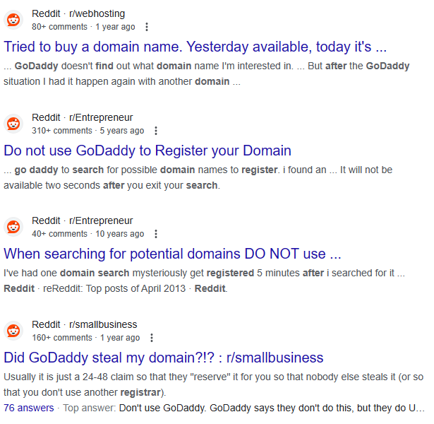 Users on Reddit complaining Godaddy is Front Running Domains.